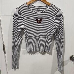 Hollister Black and White Striped Y2K Style Babydoll Long Sleeve Tee